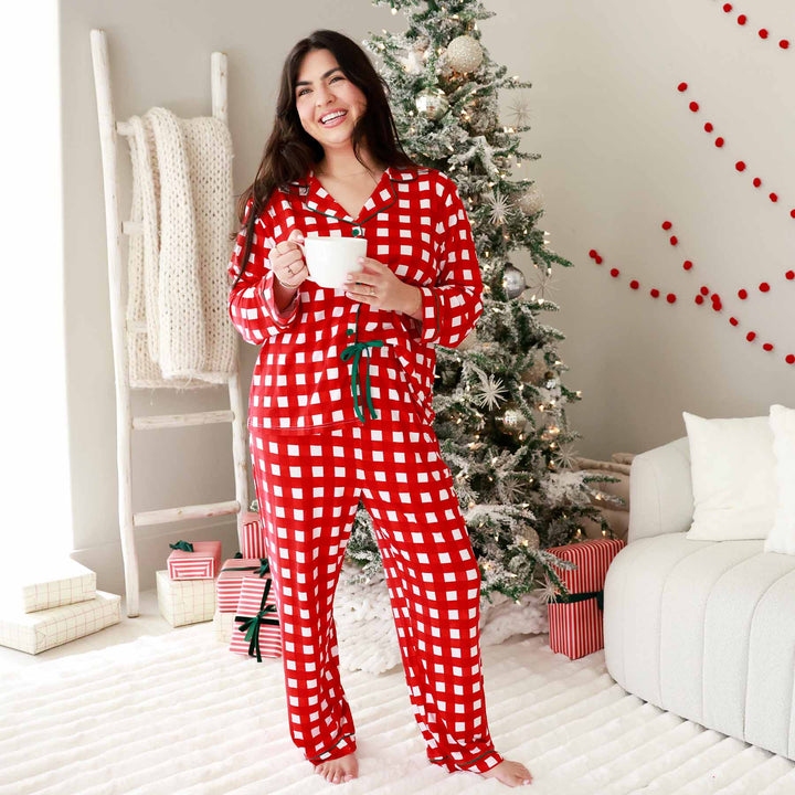 red and white check christmas adult pajama set with green details