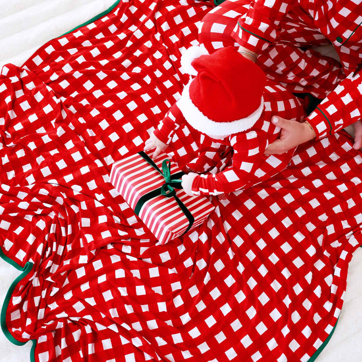bamboo blanket for christmas red and white checkered print with matching pajamas 