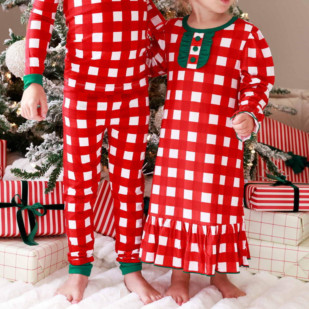red and white check with green trim girls nightgown and two piece pajama set for kids 