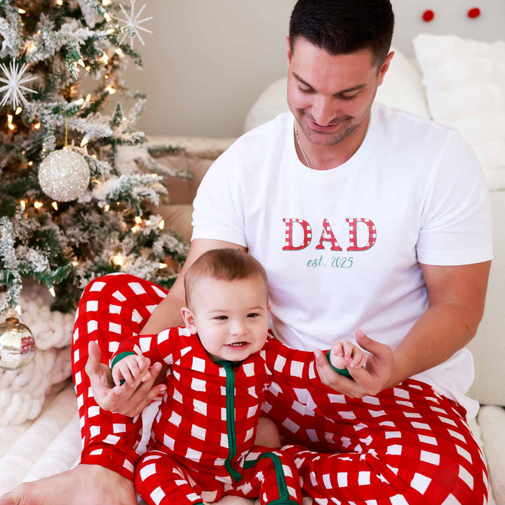 christmas dad tee personalized with year with matching pajama pants and kids pajama romper 