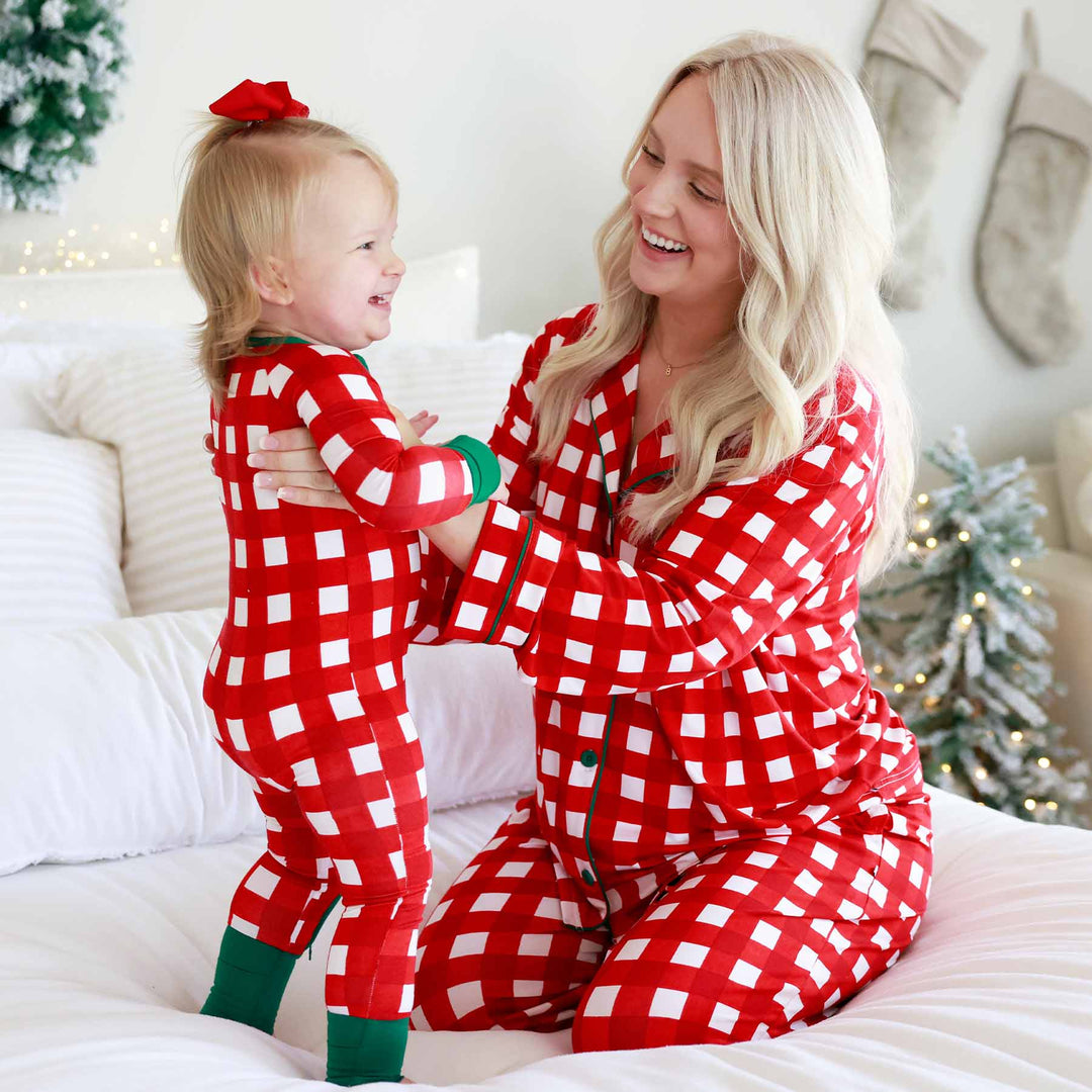 red and white check with green details christmas pjs 