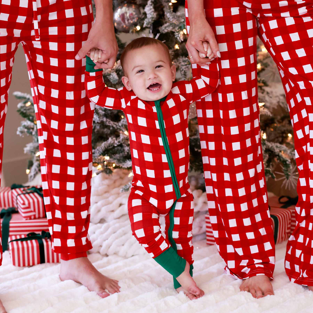 red and white check with green trim zip romper with matching adult pajama pants 
