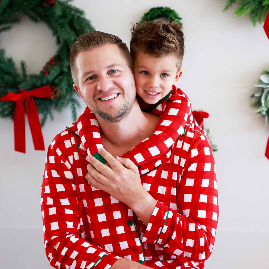red and white check kids two piece pajamas with adult pajama set 