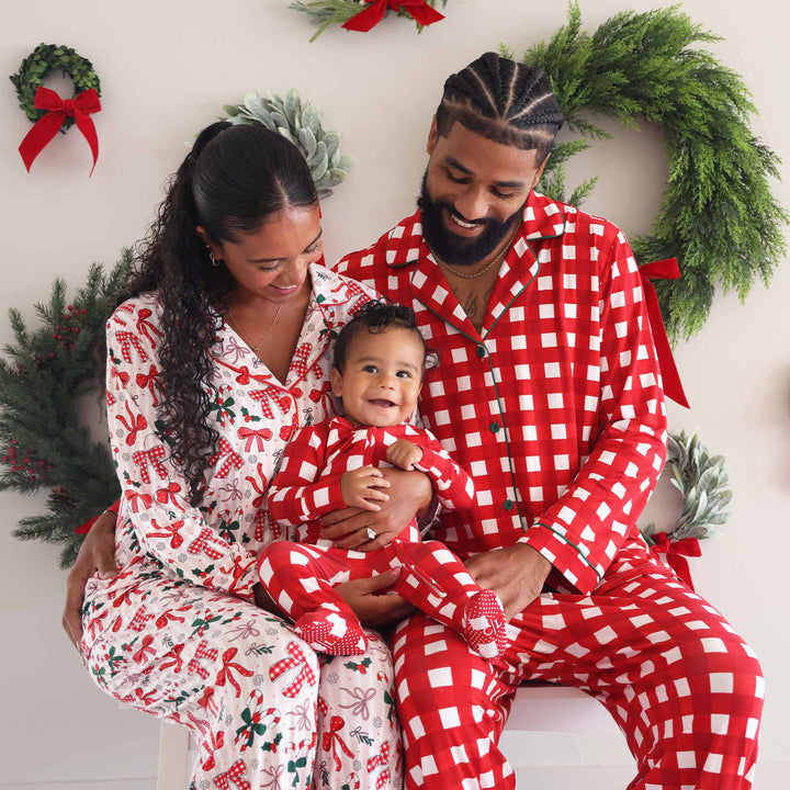 red and white check adult lounge pajama set with a matching zipper footie and bow women's pajamas 