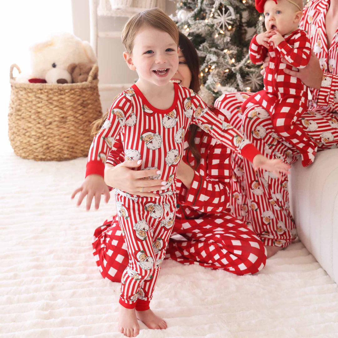 santa claus stripe and red and white check coordinating chistmas pjs