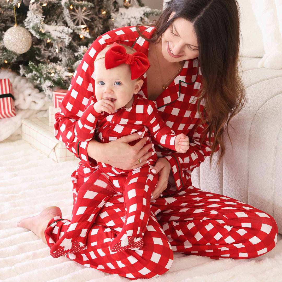 checking it twice collared adult lounge set for christmas with matching footie for babies 