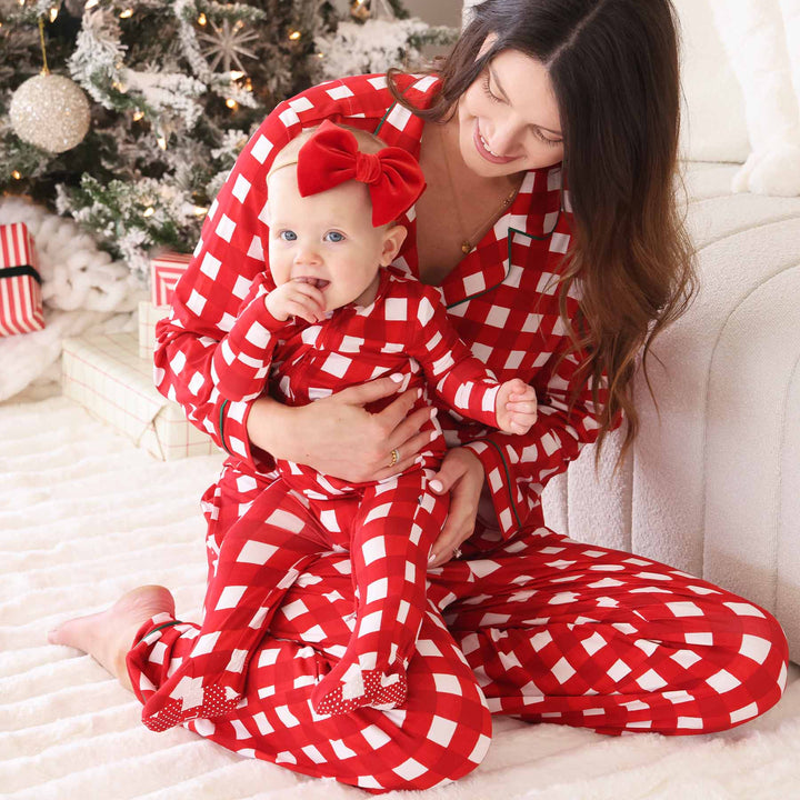 checking it twice collared adult lounge set for christmas with matching footie for babies 