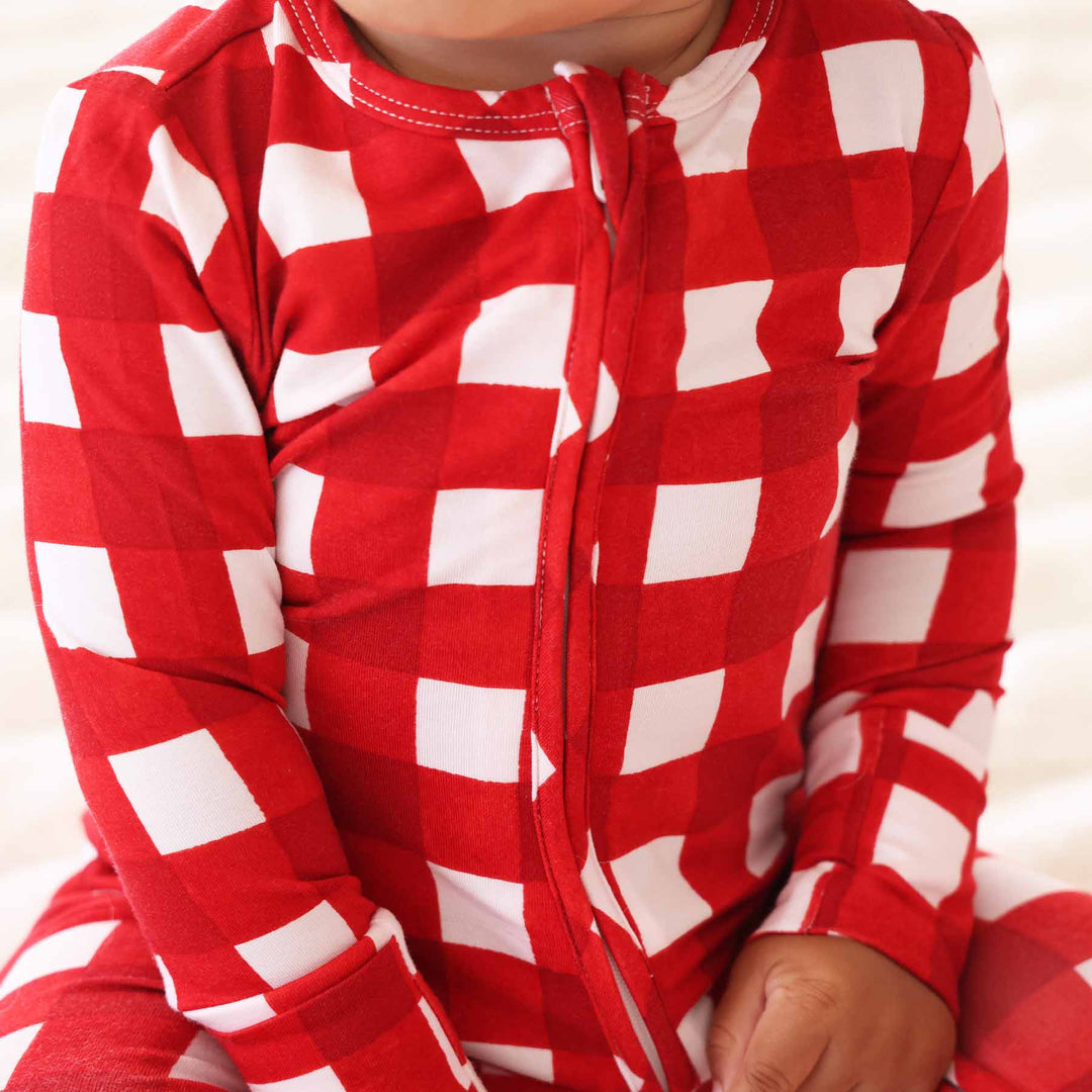 red and white check christmas baby footie gender neutral