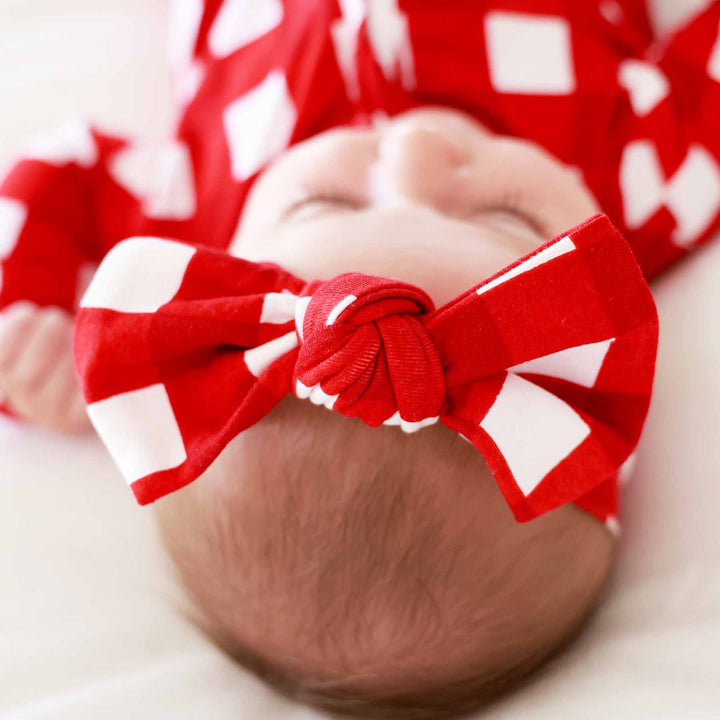 red and white check christmas headwrap for babies 