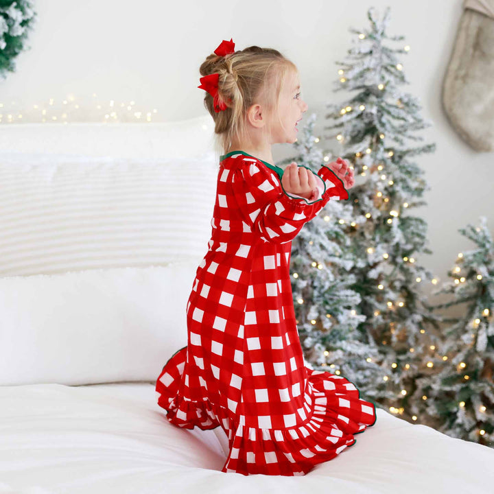 checking it twice long sleeve christmas nightgown for girls with green trim, ruffle and buttons 