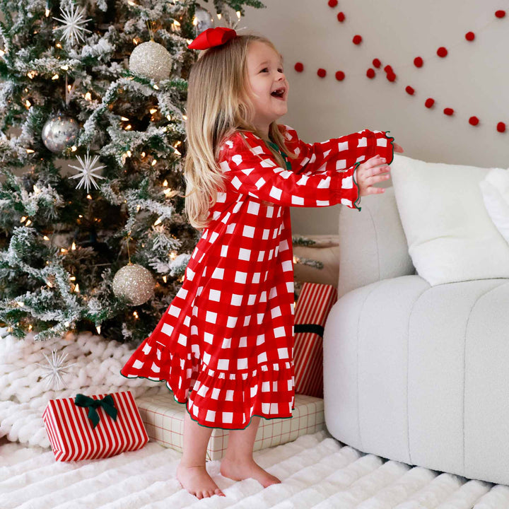 red and white christmas check long sleeve full length nightgown for girls 