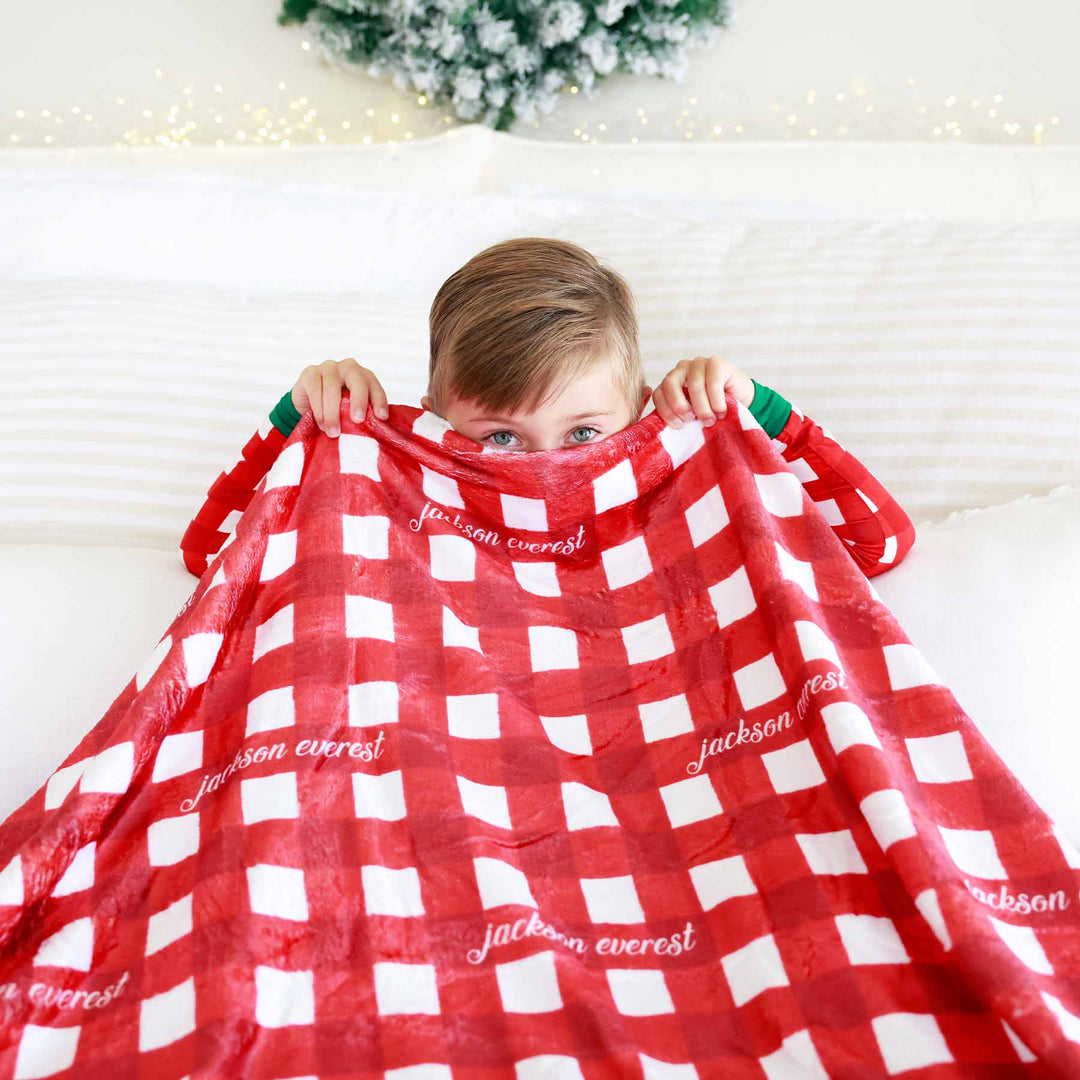 red and white check personalized kids blanket 