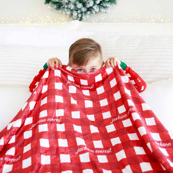 red and white check personalized kids blanket 