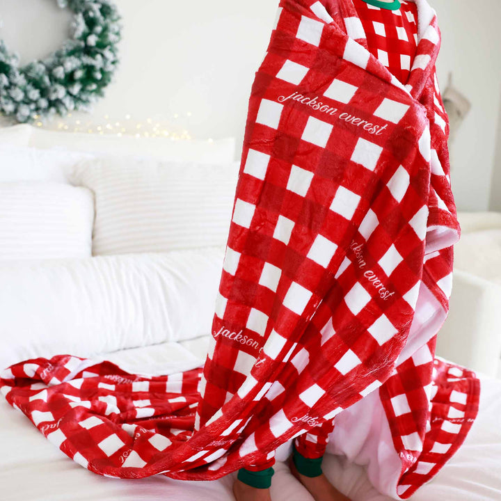checking it twice personalized kids blanket red and white check with name 