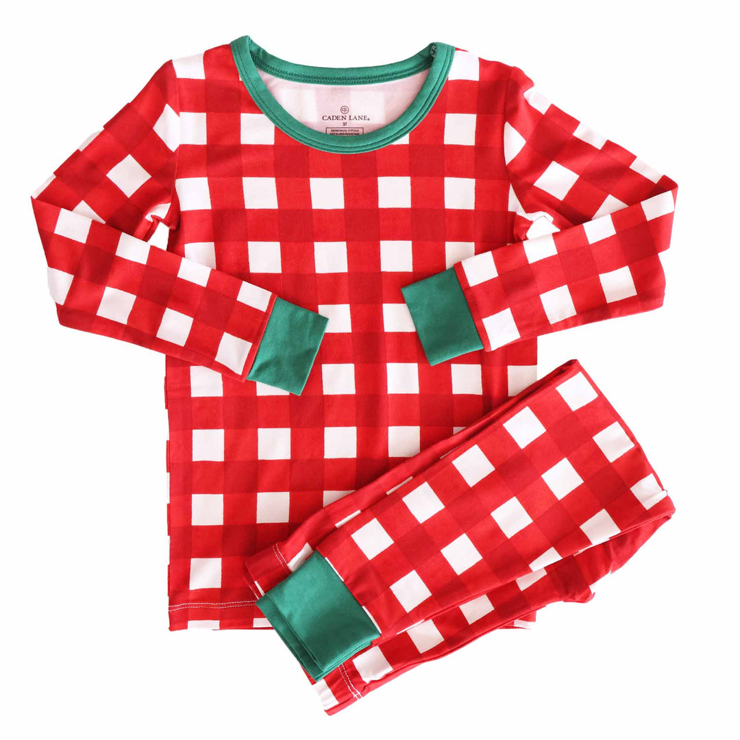 red and white checkered two piece pajama set for kids 