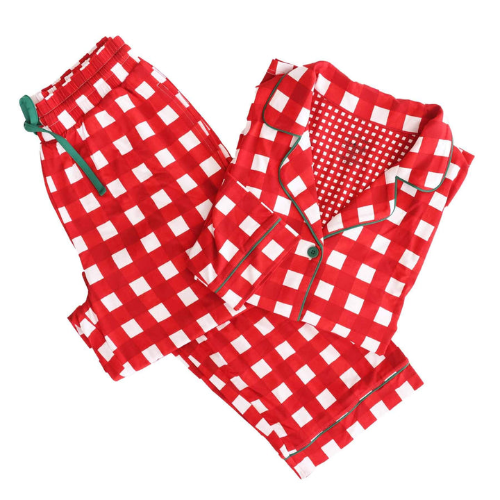 checking it twice red and white collared button up pajama set 