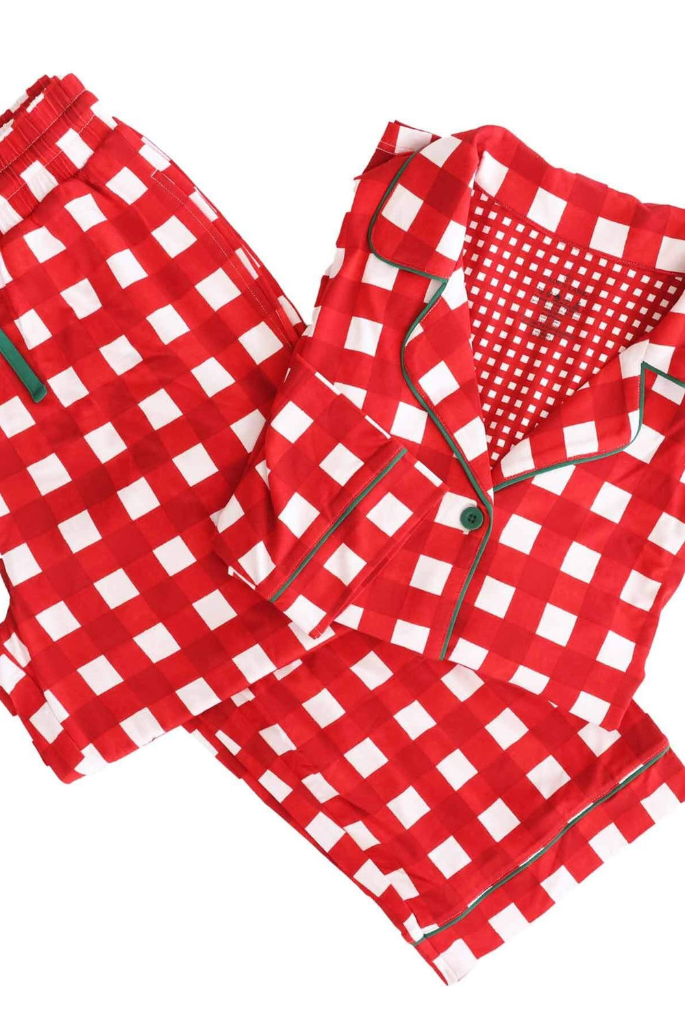 Caden Lane red and white checkered adult holiday pajama set featuring a long-sleeve button-up shirt with green piping and matching pants