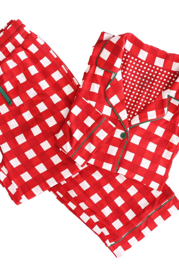 Caden Lane red and white checkered adult holiday pajama set featuring a long-sleeve button-up shirt with green piping and matching pants
