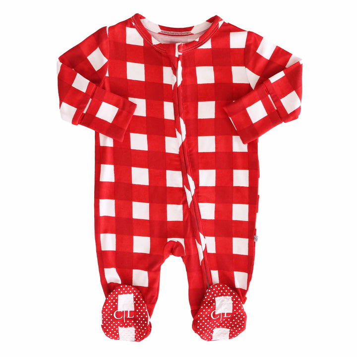 red and white check zipper footie