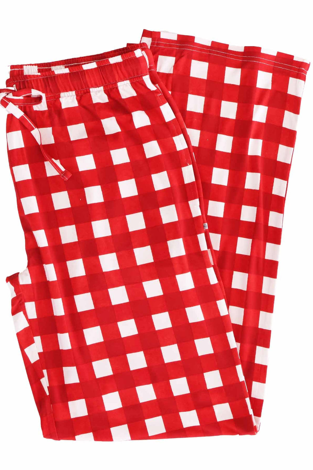 Red and white checkered pajama lounge pants featuring a relaxed fit, elastic waistband, and adjustable drawstring
