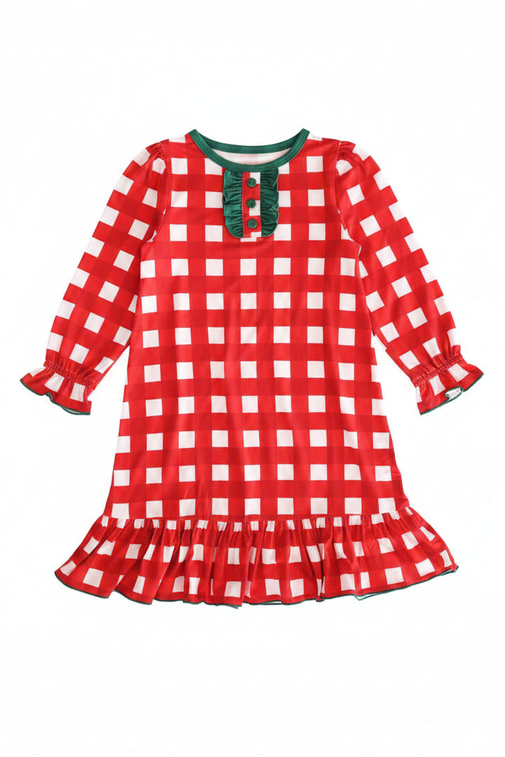 red and white check with green ruffles and buttons long sleeve nightgown for girls 