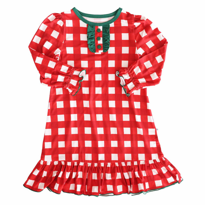red and white check with green ruffles and buttons long sleeve nightgown for girls 