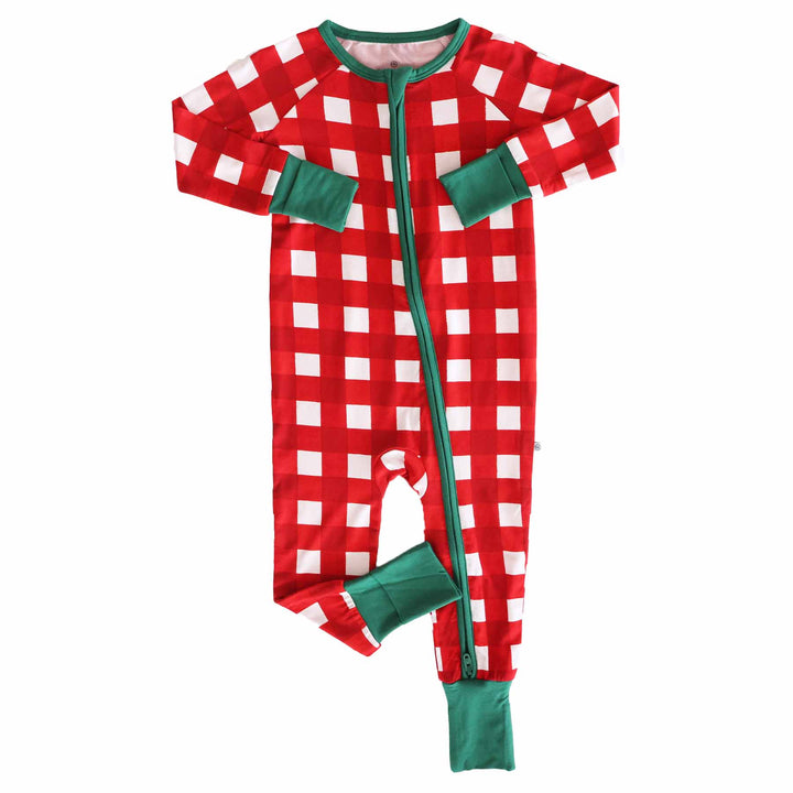 checking it twice red and white check romper pajama with green trim