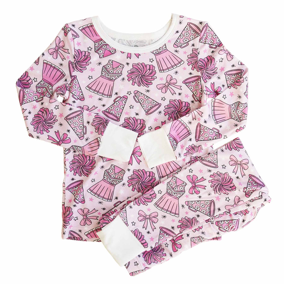 pink cheer and bow bamboo pajamas set for girls two piece set 