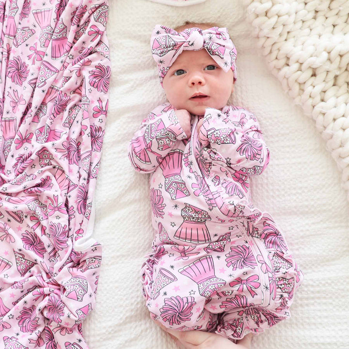 pink cheer and bow footie for babies 