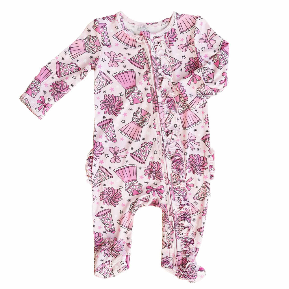 pink cheer ruffle zipper footie for babies 