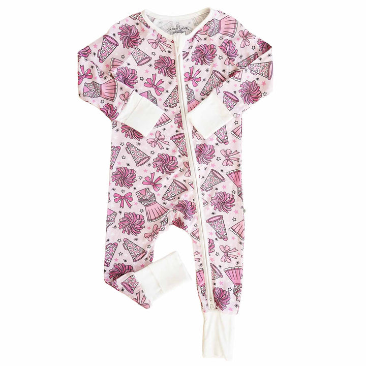 cheerleading themed bamboo pajama romper for toddlers