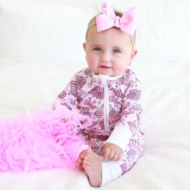 pink cheerleading zip romper for babies 