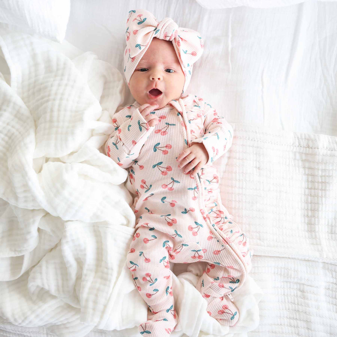 Cherry On Top Bamboo Waffle Ruffle Zipper Footie