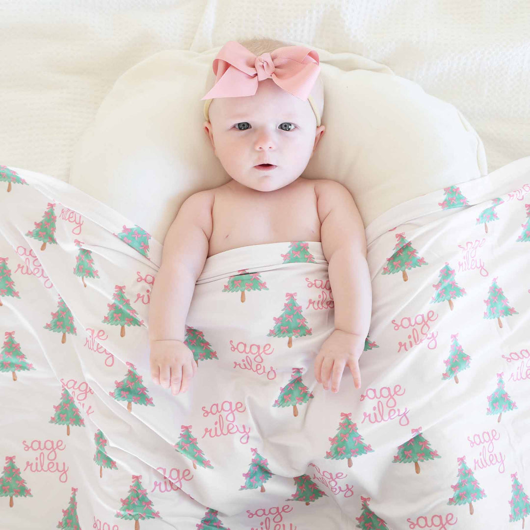 bow christmas tree personalized swaddle for babies 