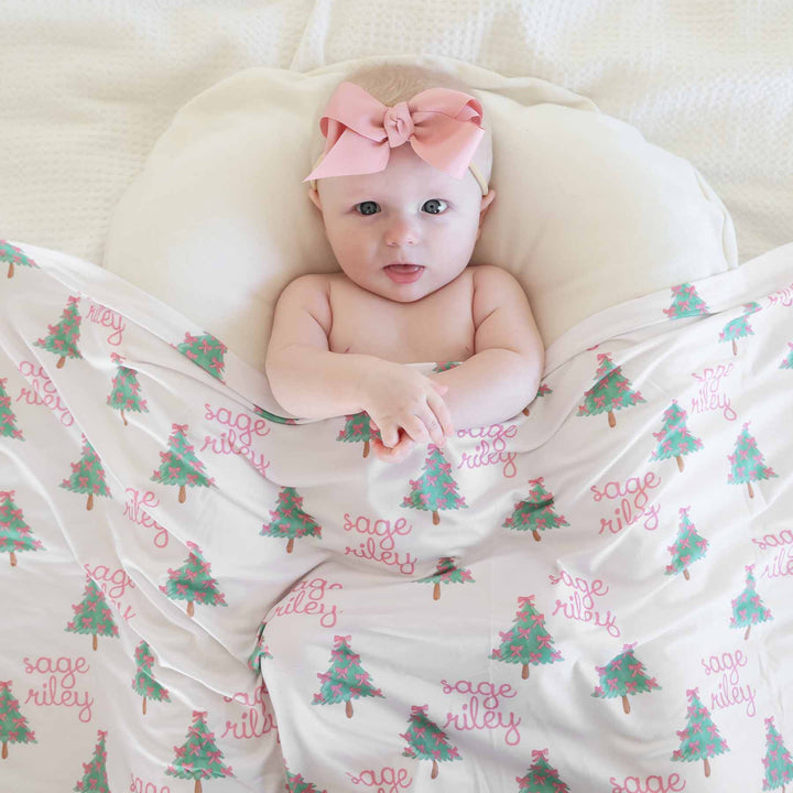 bow christmas tree personalized baby swaddle 