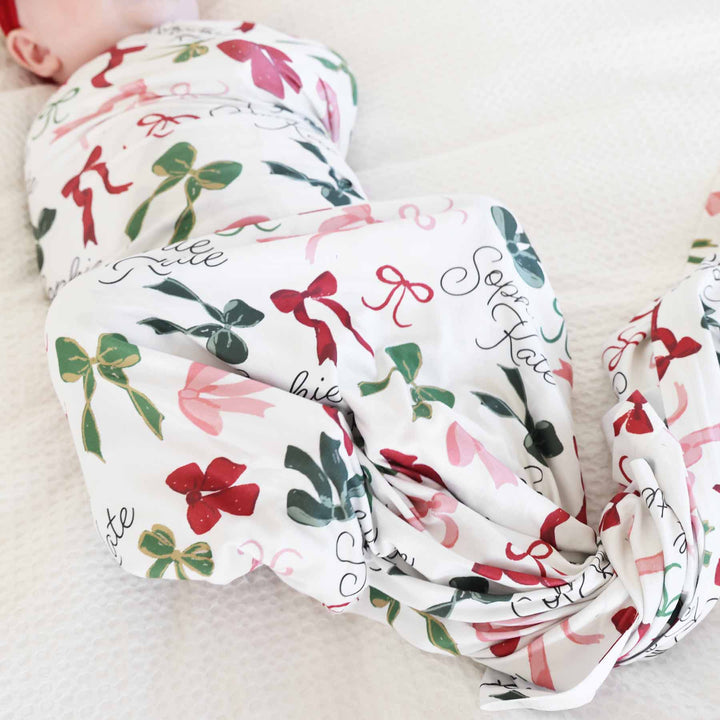 bow personalized swaddle blanket christmas