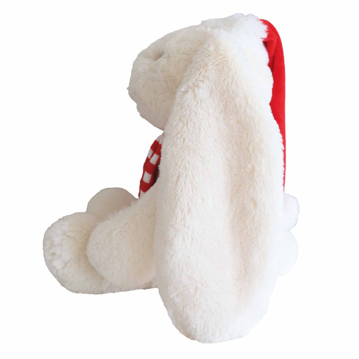 side view of white fur christmas bunny stuffed animal with long ears