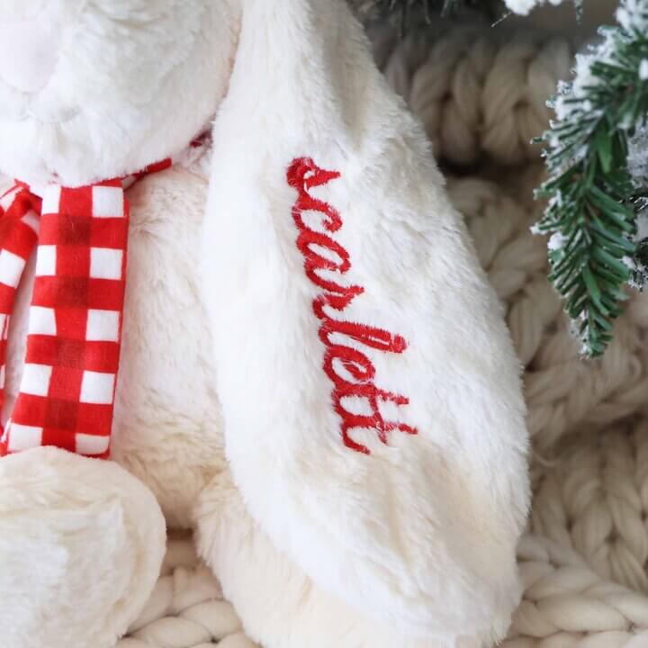 white christmas bunny with name embroidered on ear in red thread