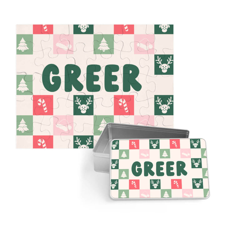 christmas check personalized puzzle with matching tin