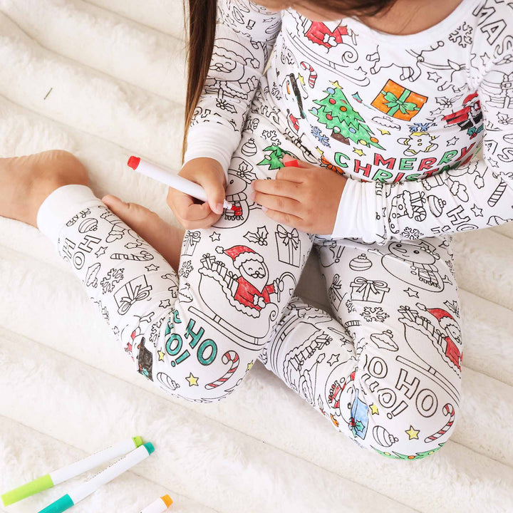 santa, christmas tree, and gift colorable two piece pajama set for kids 