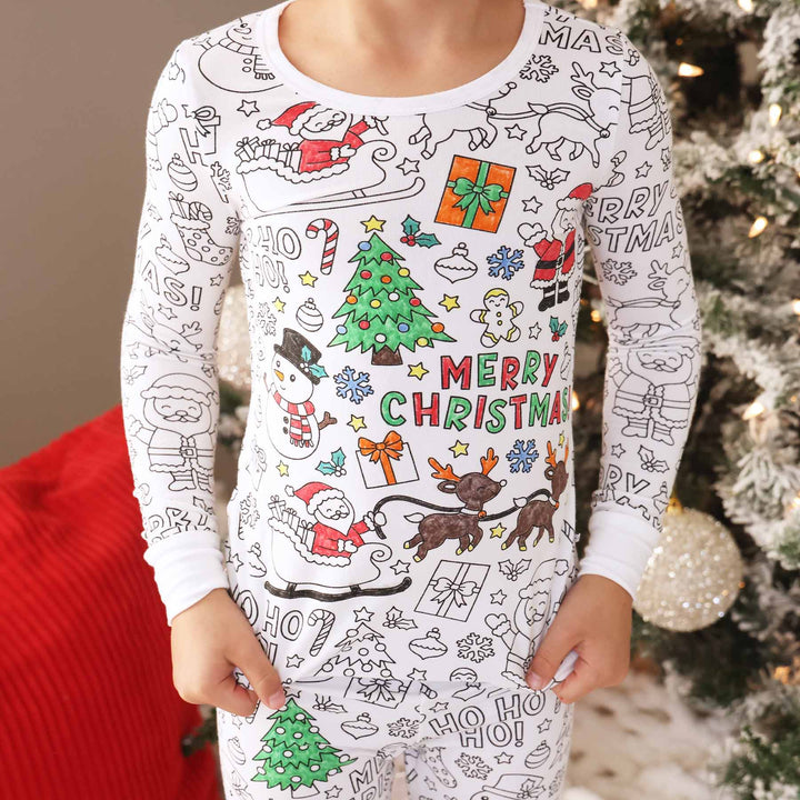 christmas tree, santa, reindeer, candy cane, snowman and more bamboo viscose colorable two piece pajama set for kids