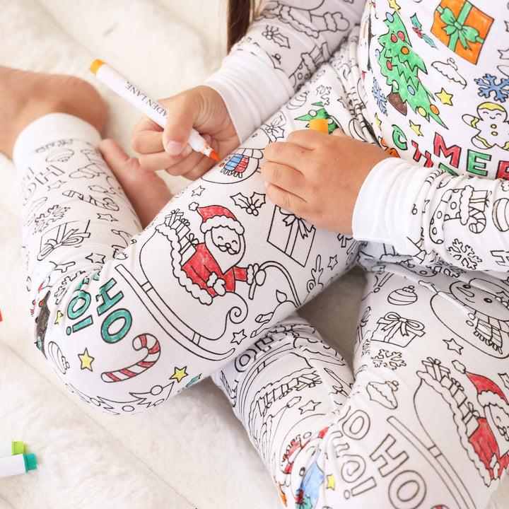 christmas themed bamboo viscose colorable two piece pajama set for kids gender neutral