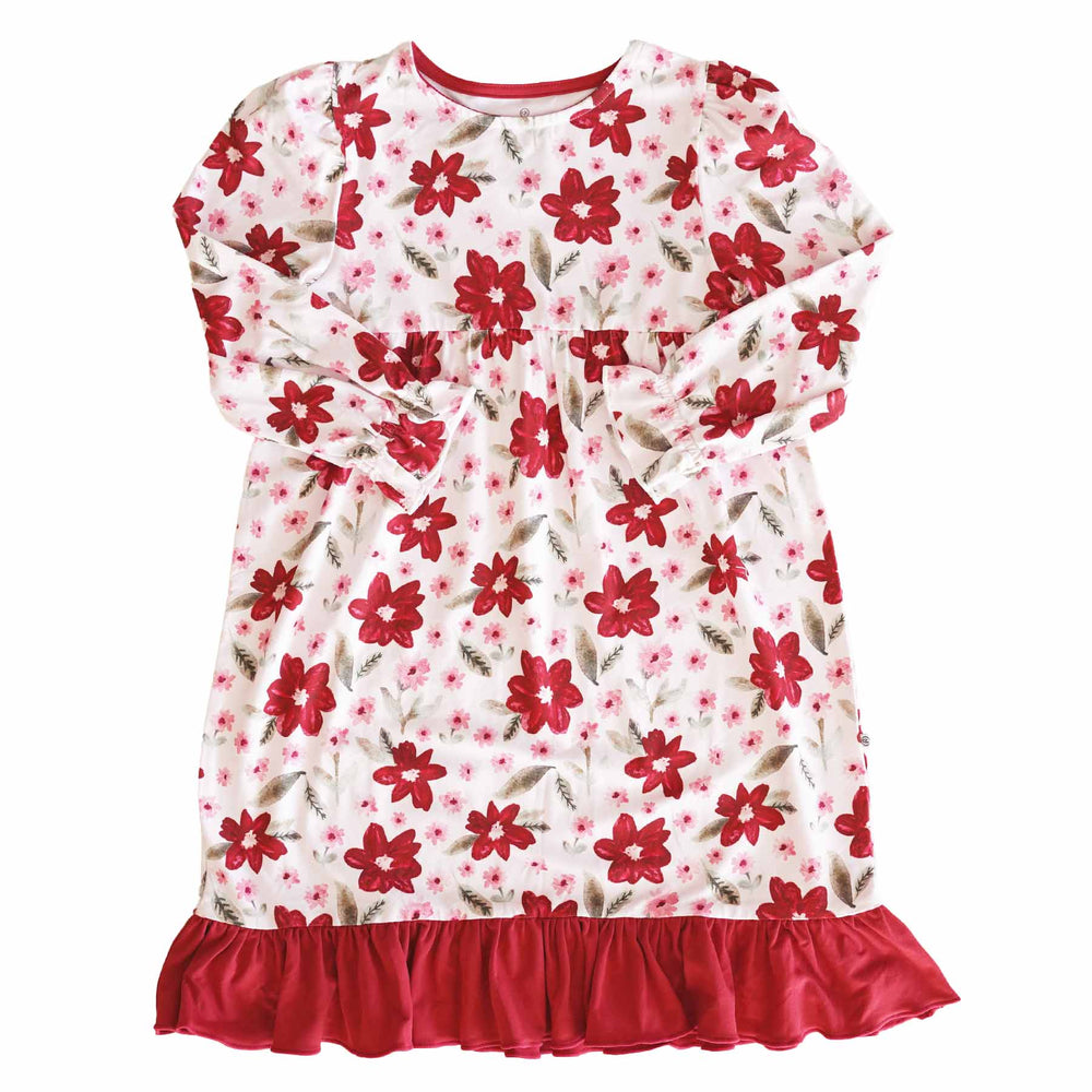 kids long sleeve ruffle nightgown for girls with red flowers