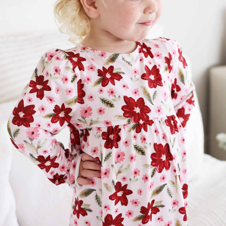 red christmas floral ruffle button nightgown for girls