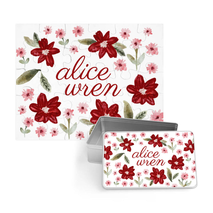 red christmas floral personalized puzzle with matching tin for kids