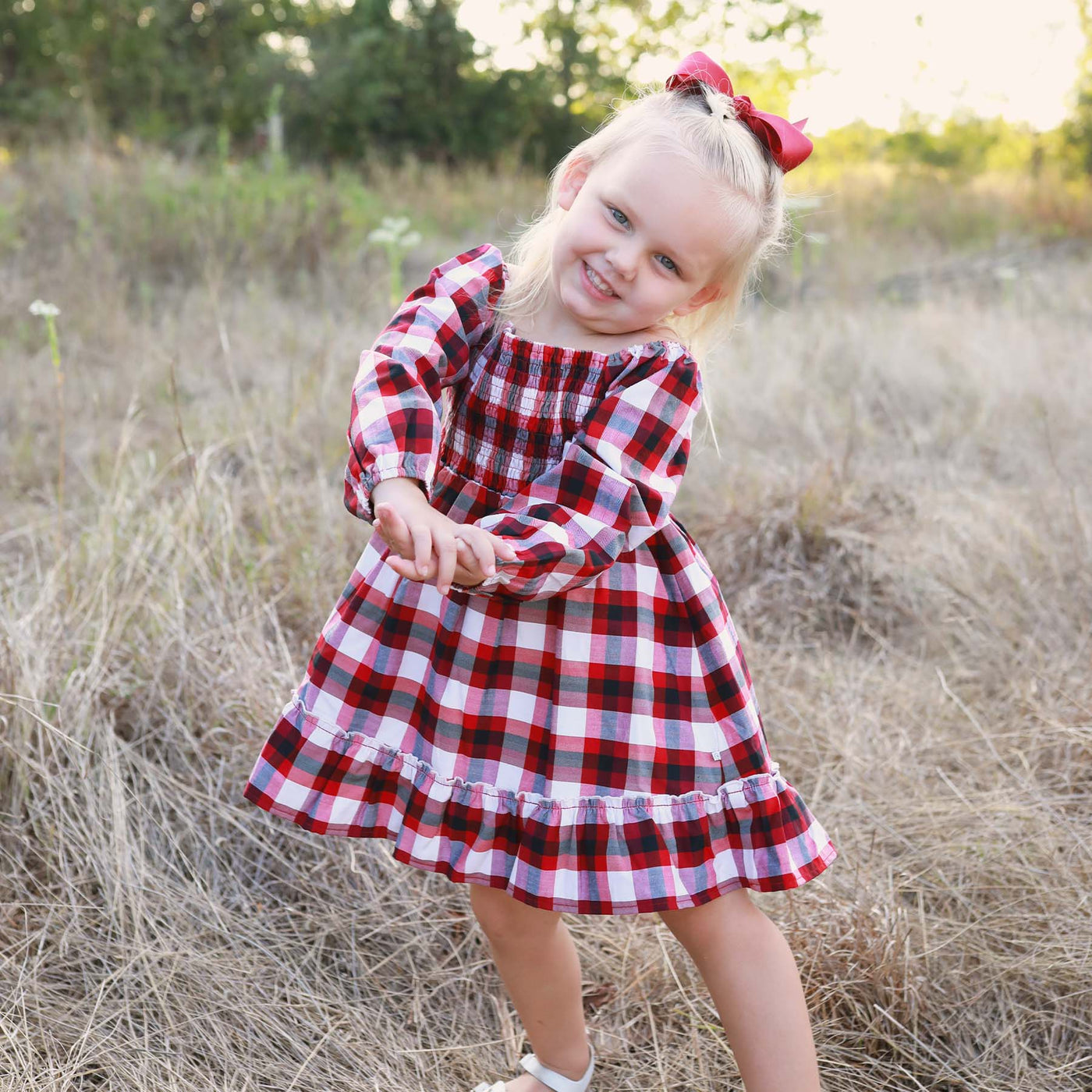 christmas plaid dress for girls with long sleeves and smocked neck red and black