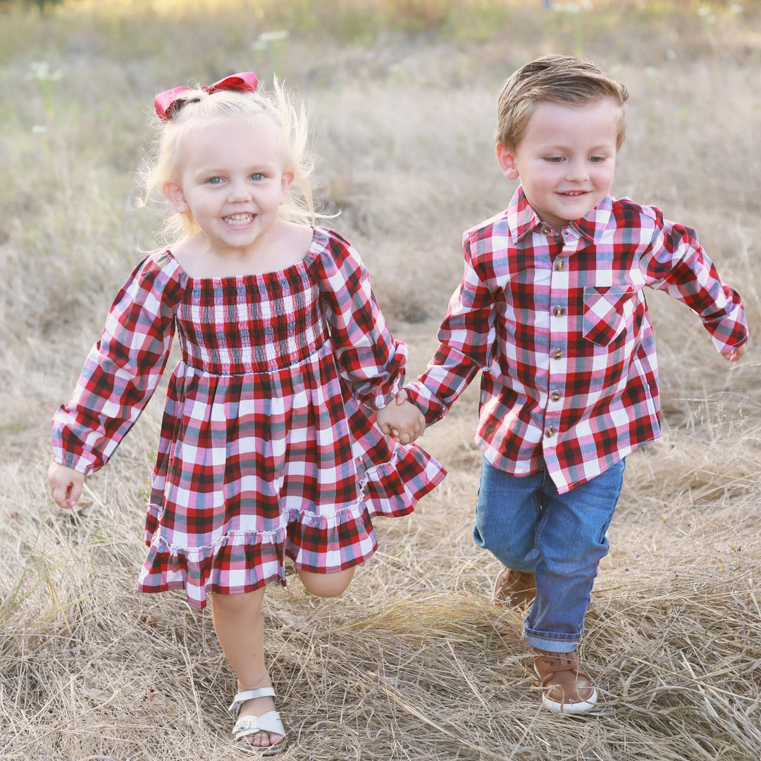 plaid button down shirt for kids red and black