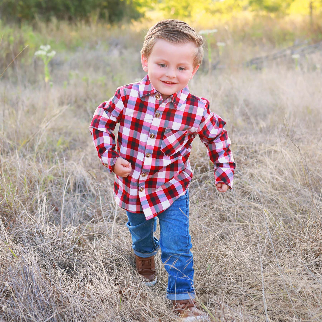 red and black plaid button down shirt for boys