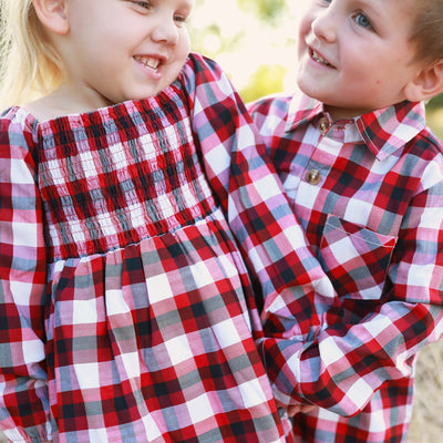 smocked christmas plaid dress for girls with long sleeves