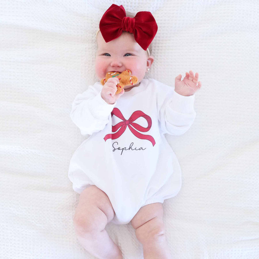 red ribbon personalized christmas sweatshirt bubble romper 